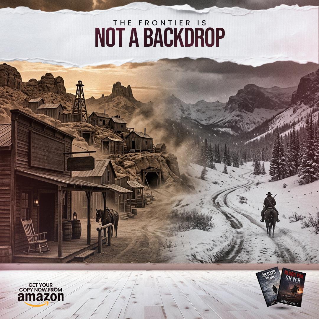 An atmospheric illustration of a mining town and a snowy frontier road