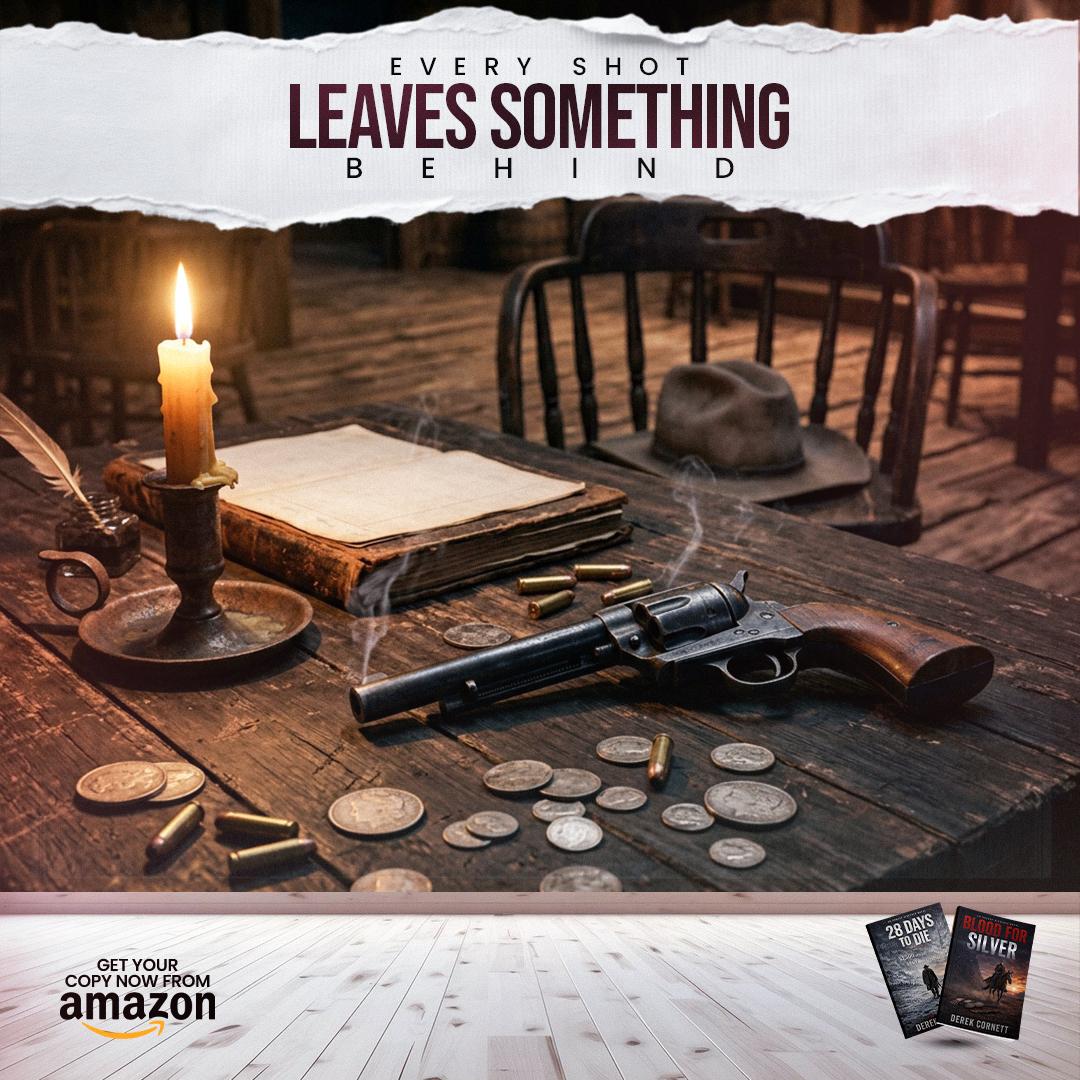 A revolver, ledger, coins, and candle on a table beside an empty chair